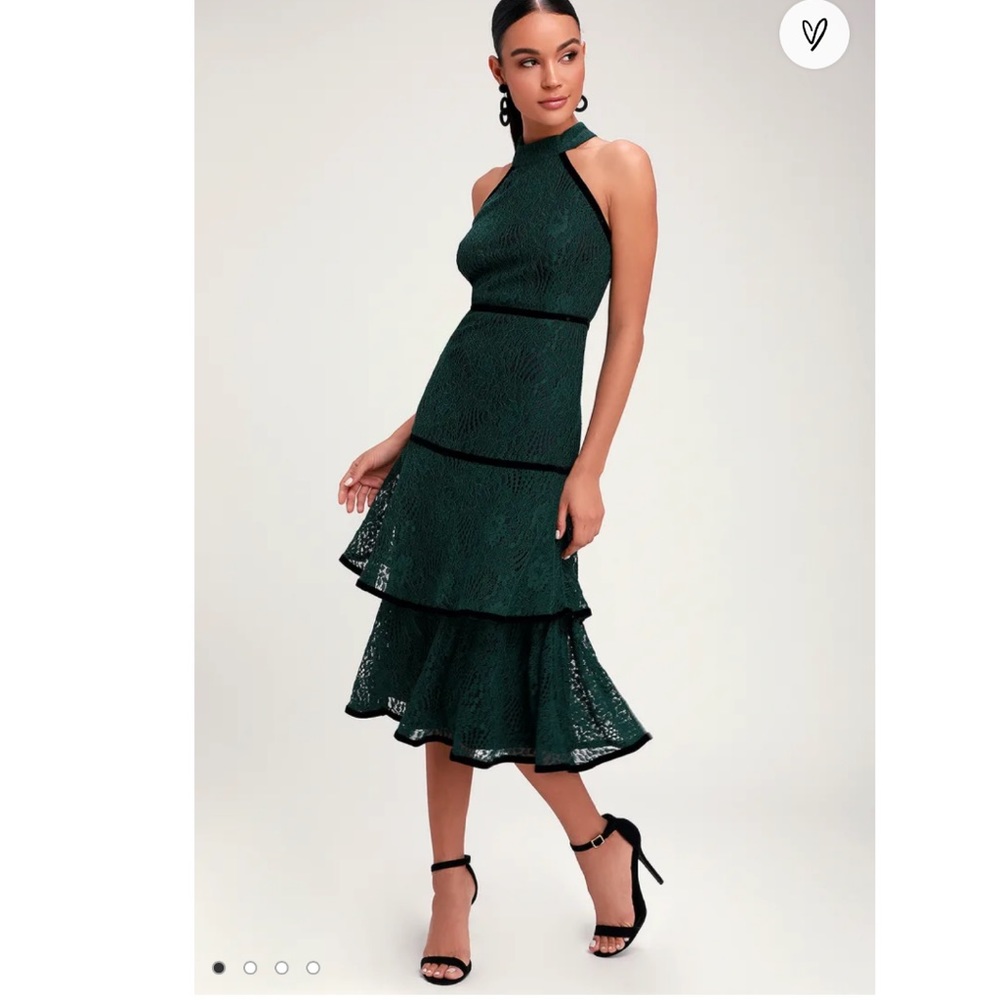 Lulu’s Wilshire Forest Green Lace Halter Midi Dress in Size Medium